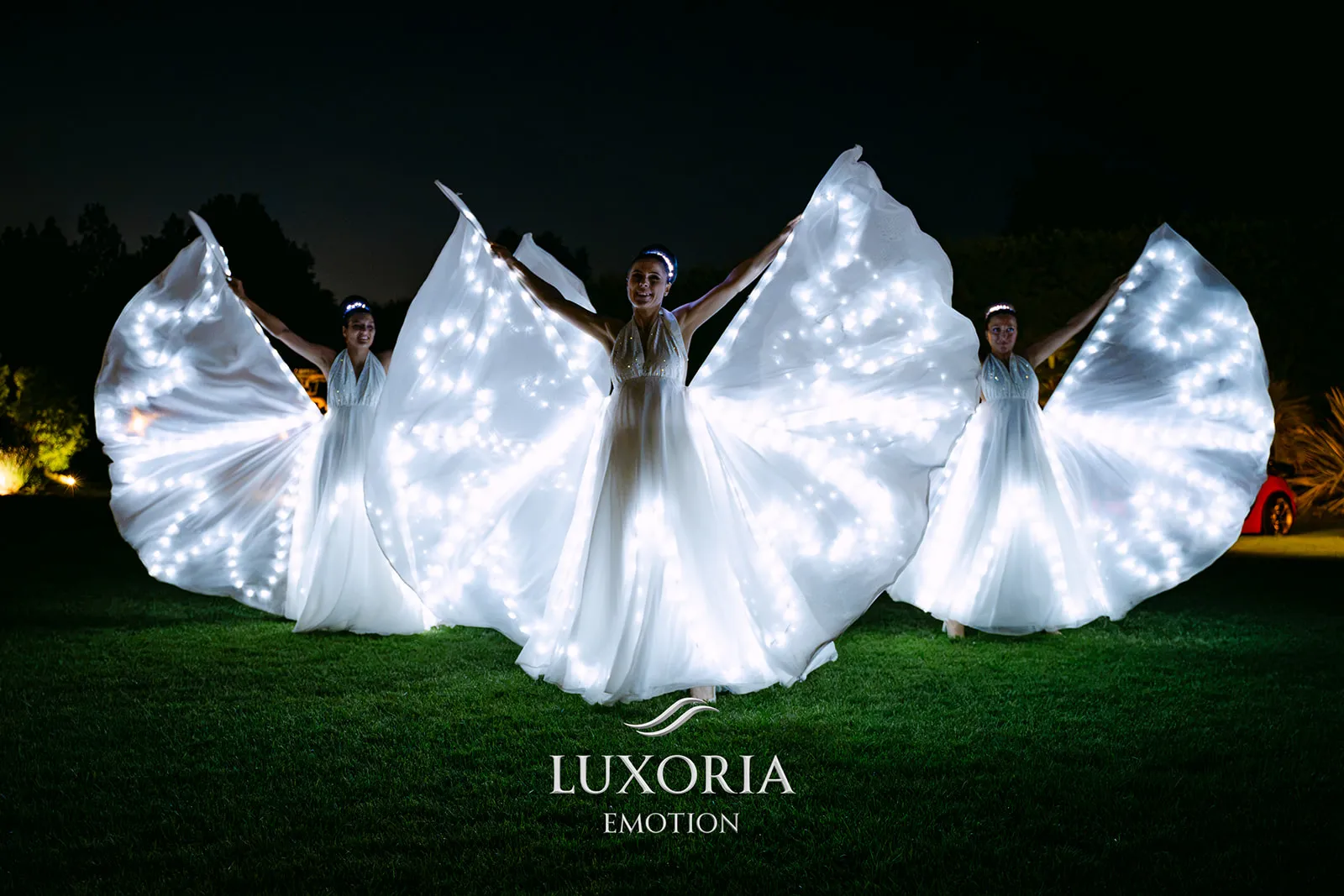 Performance con farfalle luminose durante lo spettacolo per Inaugurazione, lanci di nuovi brand e cene aziendali a bordo piscina